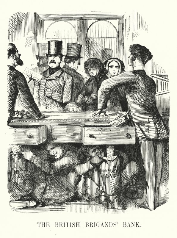 Caricature de Punch : La Banque des Brigands Britanniques - corruption bancaire et effondrement de la Royal British Bank - John (after) Leech