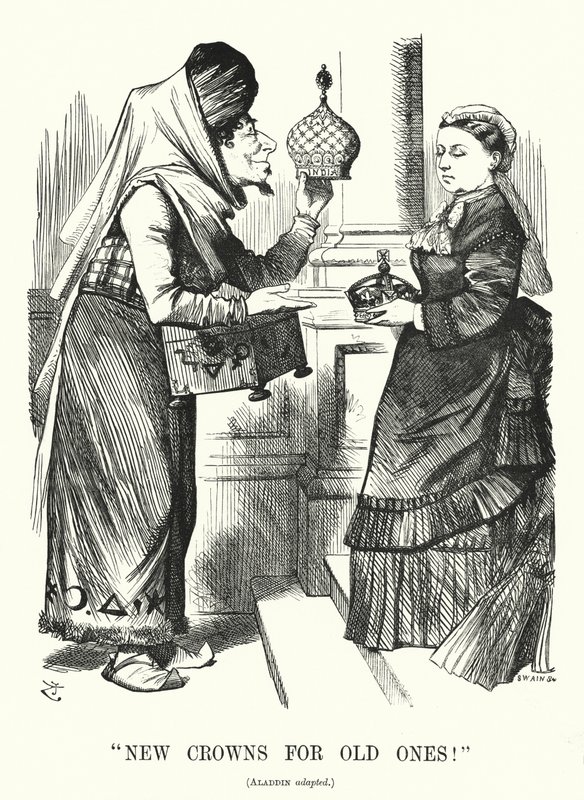 Caricature de Punch : Nouvelles couronnes pour les anciennes. Benjamin Disraeli (comme Aladdin) avec la reine Victoria - l
