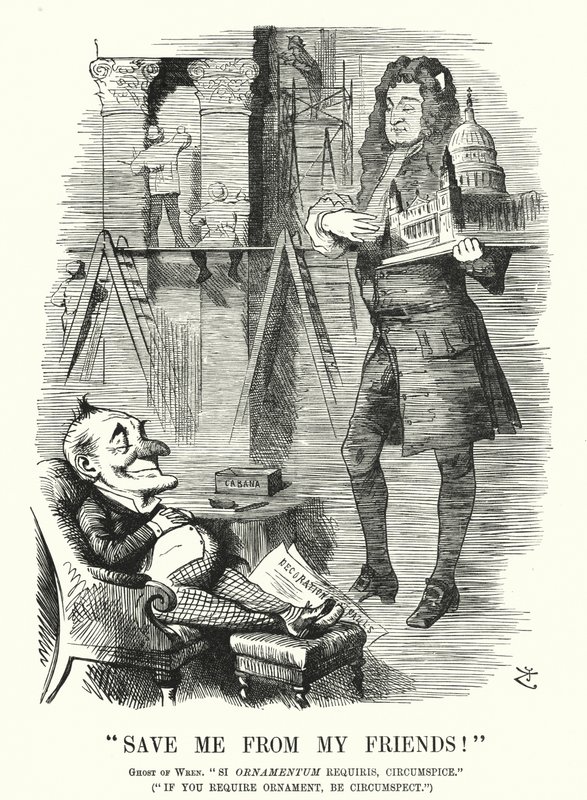 Caricature de Punch : Sauve-moi de mes amis - le fantôme de Sir Christopher Wren et la décoration de la cathédrale Saint-Paul, Londres - John (after) Tenniel