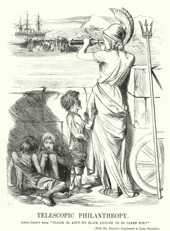Caricature de Punch : Philanthropie télescopique - la préoccupation des classes moyennes victoriennes pour l