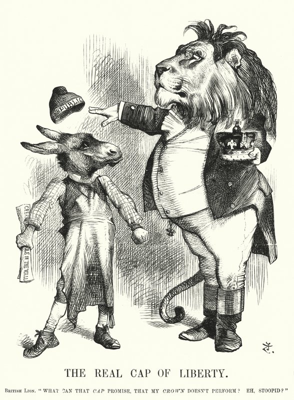 Caricature de Punch : Le véritable bonnet de la liberté - la supériorité de la monarchie constitutionnelle britannique sur le républicanisme (gravure) - John (after) Tenniel