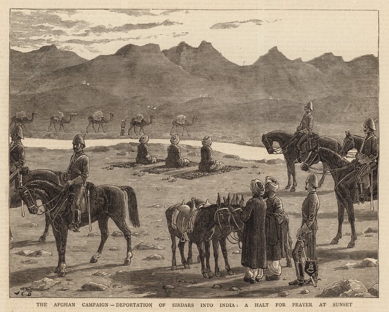 La campagne afghane, déportation des Sirdars en Inde, une halte pour la prière au coucher du soleil - John Charles Dollman