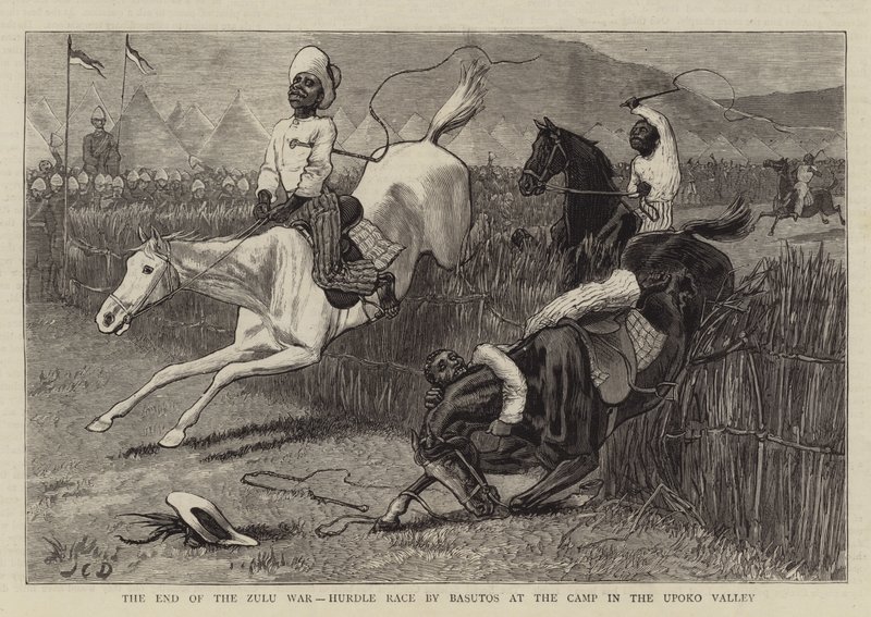La fin de la guerre zouloue, course de haies par les Basutos au camp dans la vallée d