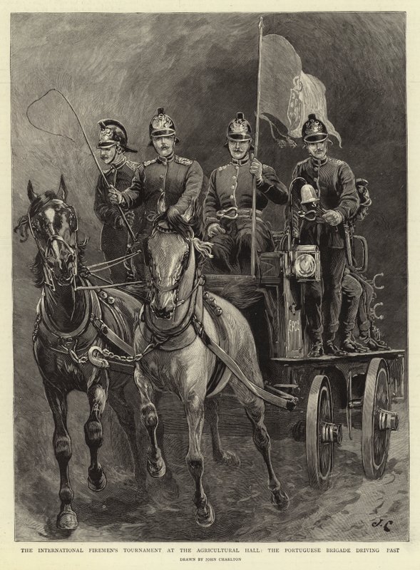 Le tournoi international des pompiers au Agricultural Hall, la brigade portugaise passant en revue - John Charlton