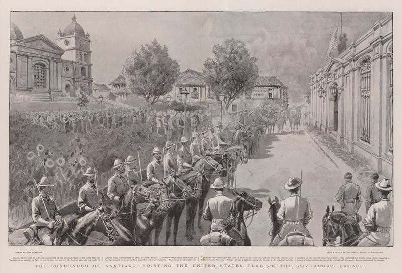 La reddition de Santiago, hissant le drapeau des États-Unis sur le palais du gouverneur - John Charlton