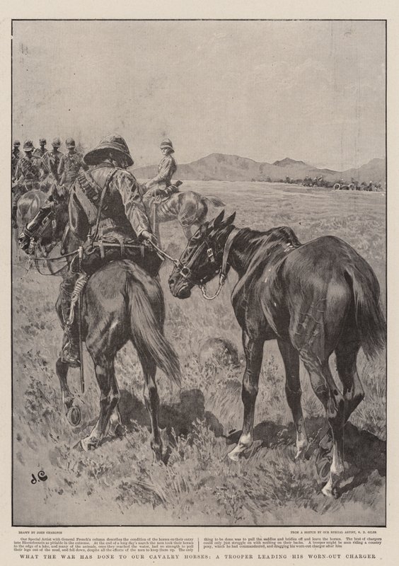 Ce que la guerre a fait à nos chevaux de cavalerie, un soldat menant son cheval épuisé - John Charlton