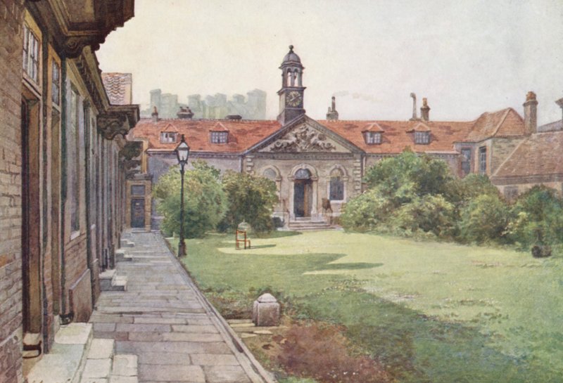 Londres perdu : Maisons de charité de Lady Dacre, façade du jardin (lithographie en couleur) - John Crowther