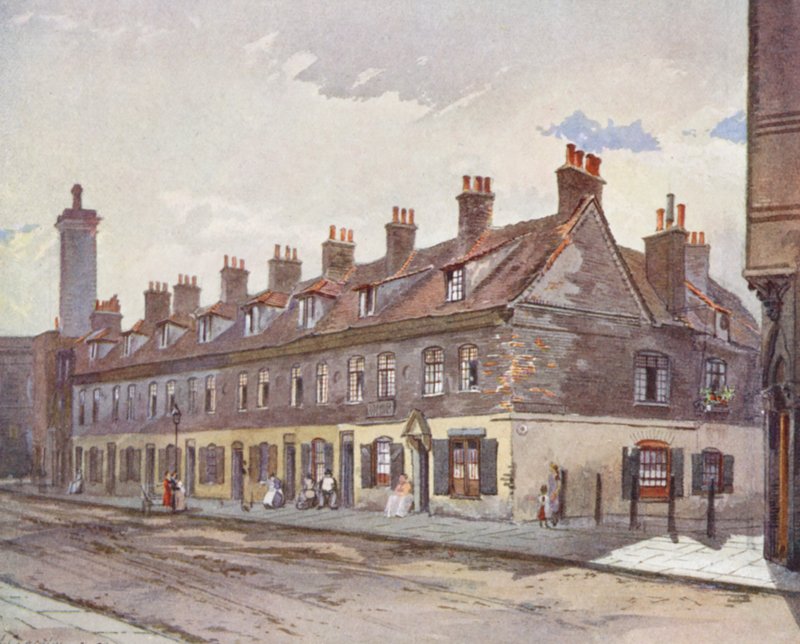 Londres perdu : Vieilles maisons à Pye Street, Westminster (lithographie en couleur) - John Crowther