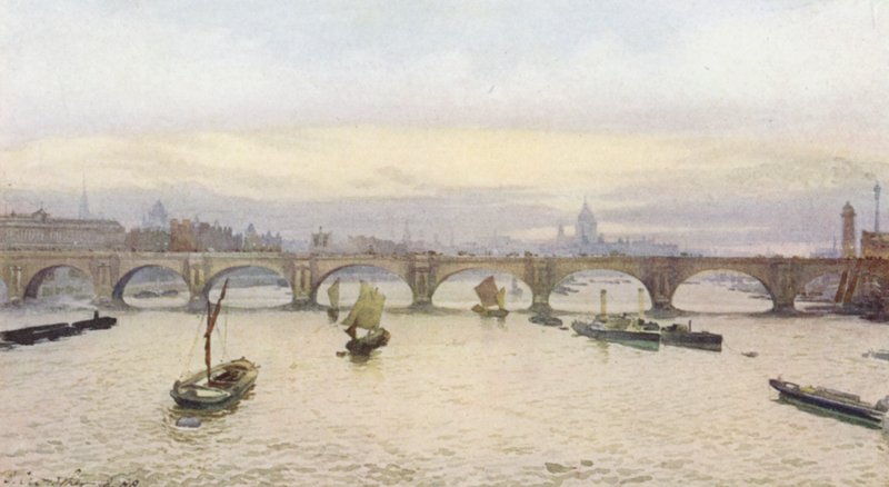 Londres perdu : Pont de Waterloo depuis le pont ferroviaire de Charing Cross (lithographie en couleur) - John Crowther