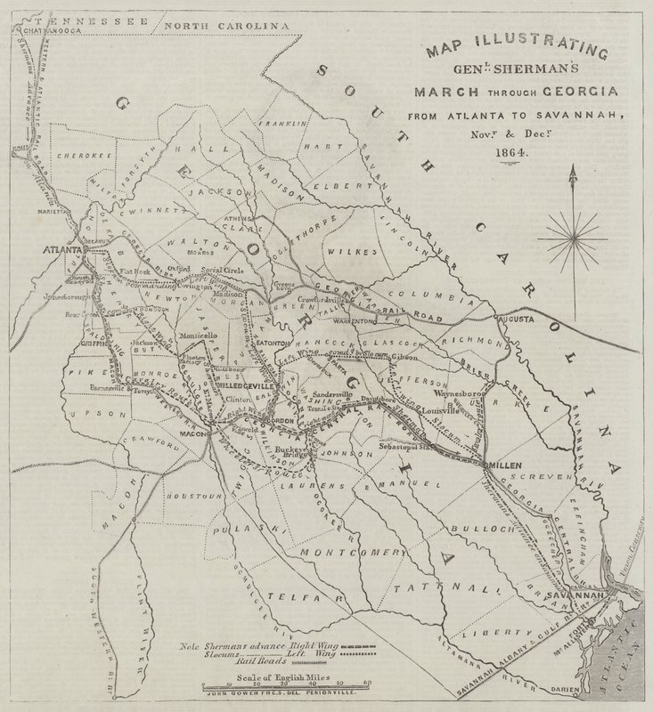 Carte illustrant la marche du général Sherman à travers la Géorgie d