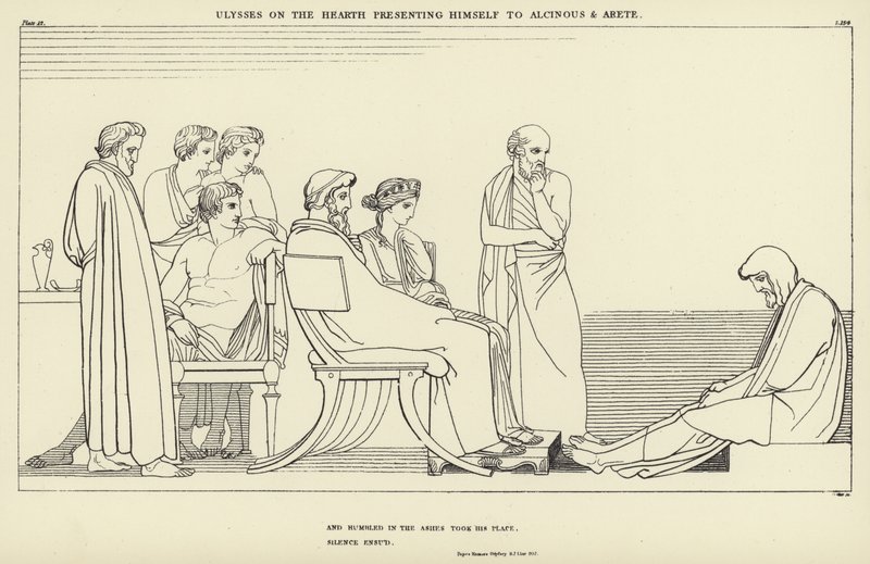 Ulysse sur le foyer se présentant à Alcinoos et Arété - John Flaxman
