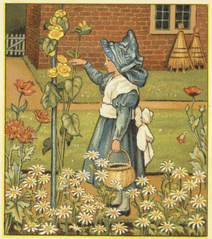Fille dans le jardin avec roses trémières, coquelicots et marguerites - John George (after) Sowerby