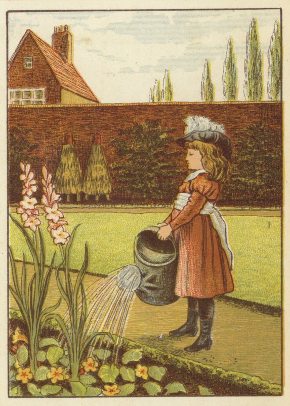 Fille arrosant le jardin - John George (after) Sowerby