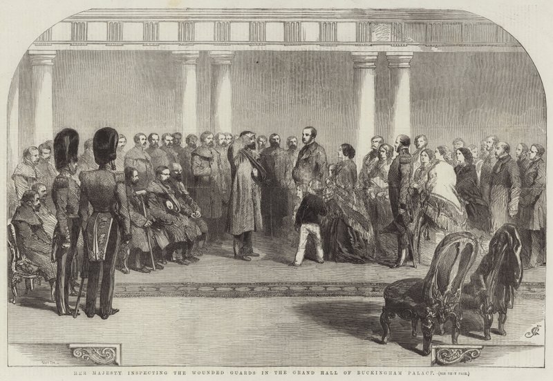 Sa Majesté inspectant les Gardes blessés dans la Grande Salle du Palais de Buckingham - John Gilbert