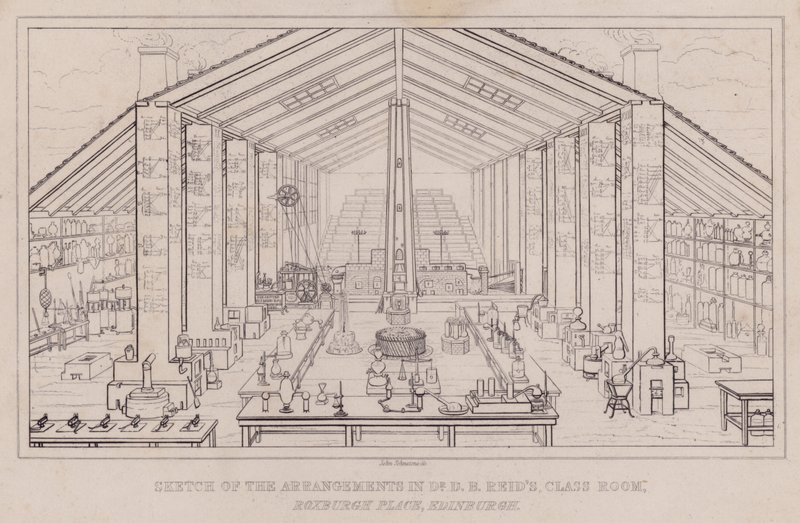 Croquis des arrangements dans la salle de classe du Dr D B Reid, Roxburgh Place, Édimbourg (gravure) - John Johnstone