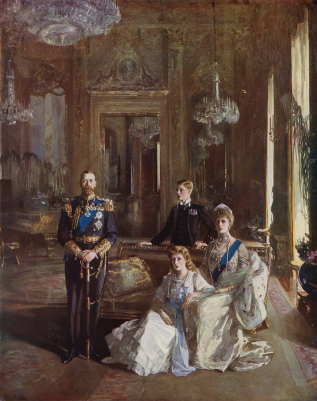 Le roi George V, la reine Mary, le prince de Galles et la princesse Mary dans le salon blanc, Buckingham Palace, Londres, 1913 - John Lavery