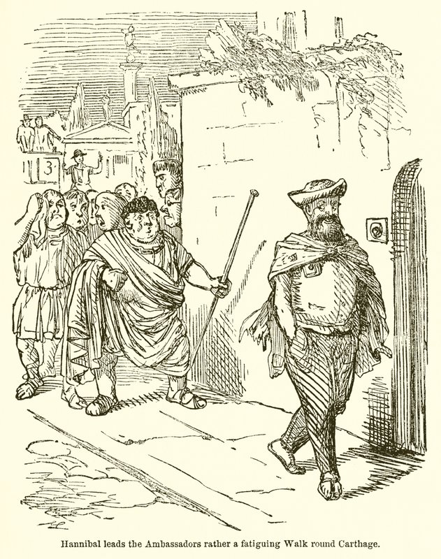 Hannibal conduit les ambassadeurs dans une marche fatigante autour de Carthage - John Leech