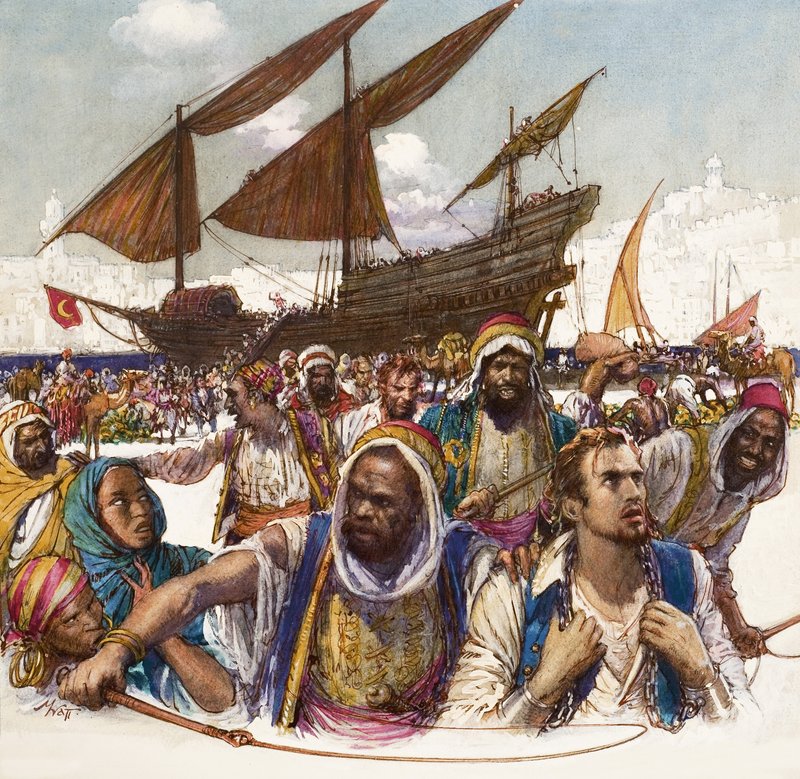Captifs arabes enchaînés sur les quais, avec un boutre à l