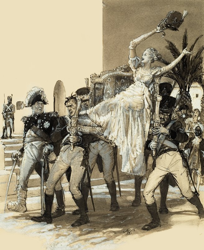 Fillette portée par des soldats (gouache sur papier) - John Millar Watt