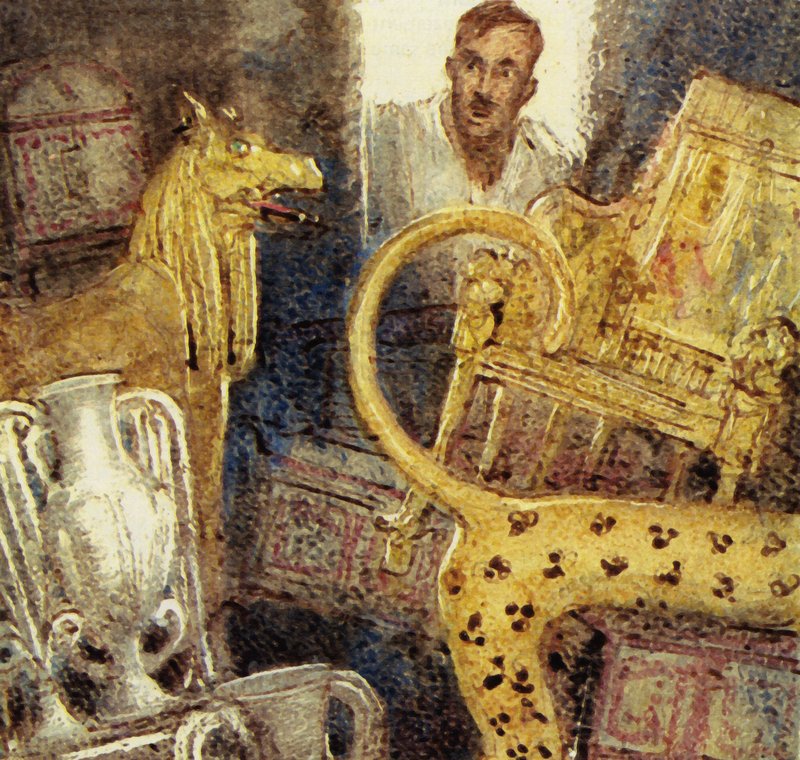 Howard Carter découvre la chambre funéraire perdue de Toutankhamon (lithographie en couleur) - John Millar Watt