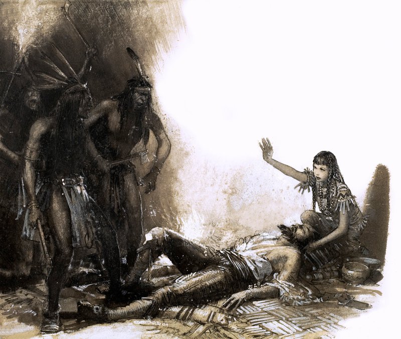 Pocahontas intervenant pour sauver la vie du capitaine Smith (gouache sur papier) - John Millar Watt