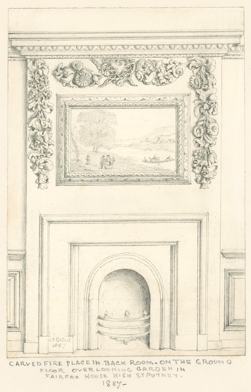 Cheminée sculptée dans la pièce arrière au rez-de-chaussée donnant sur le jardin, Fairfax House, High Street, Putney, 1887 - John Phillipp Emslie