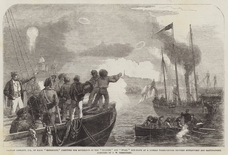 Le capitaine Hewlett, CB, du HMS Edinburgh, dirigeant les mouvements des canonnières Snapper et Stork contre un trois-ponts russe entre Gustafsvern et Bartholomew - John Wilson Carmichael