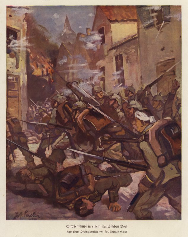 Bataille de rue dans un village français, Première Guerre mondiale (lithographie en couleur) - Josef Andreas Sailer