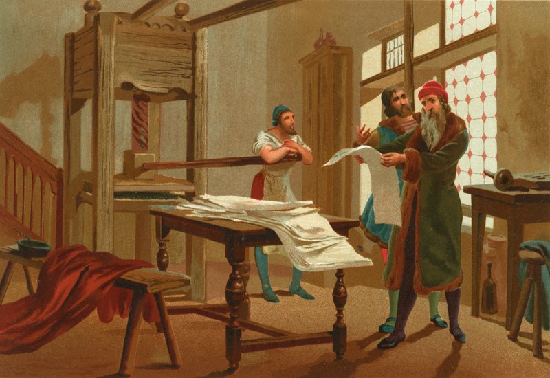 Gutenberg imprime la première page de la Bible - Josep or Jose Planella Coromina