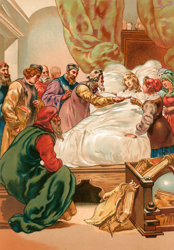 Le malade Copernic recevant le premier exemplaire de son livre sur les révolutions des sphères célestes - Josep or Jose Planella Coromina