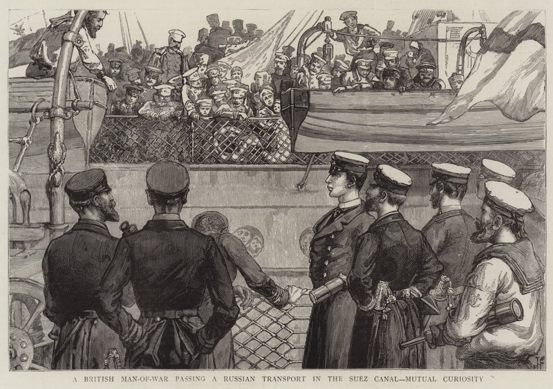 Un navire de guerre britannique croisant un transport russe dans le canal de Suez, curiosité mutuelle - Joseph Finnemore