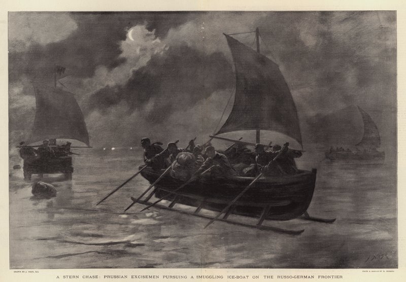 Une poursuite acharnée, douaniers prussiens poursuivant un bateau de contrebande sur la frontière russo-allemande - Joseph Nash