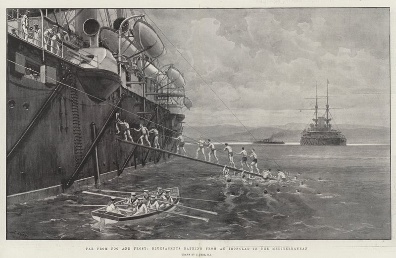 Loin du brouillard et du gel, des marins se baignant depuis un cuirassé en Méditerranée - Joseph Nash