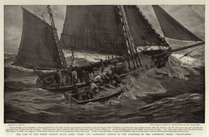 La perte du paquebot North German Lloyd Elbe au large de Lowestoft, sauvetage des survivants par le smack de Lowestoft Wildflower - Joseph Nash