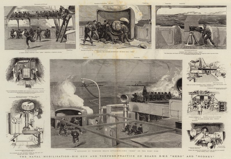 La mobilisation navale, exercice de gros canon et de torpille à bord du H.M.S. Hero et Rodney - Joseph Nash