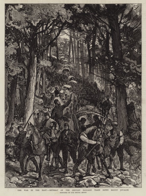 La Guerre en Orient, Retraite du Train de Bagages Serbe descendant le Mont Jovalor - Joseph Nash