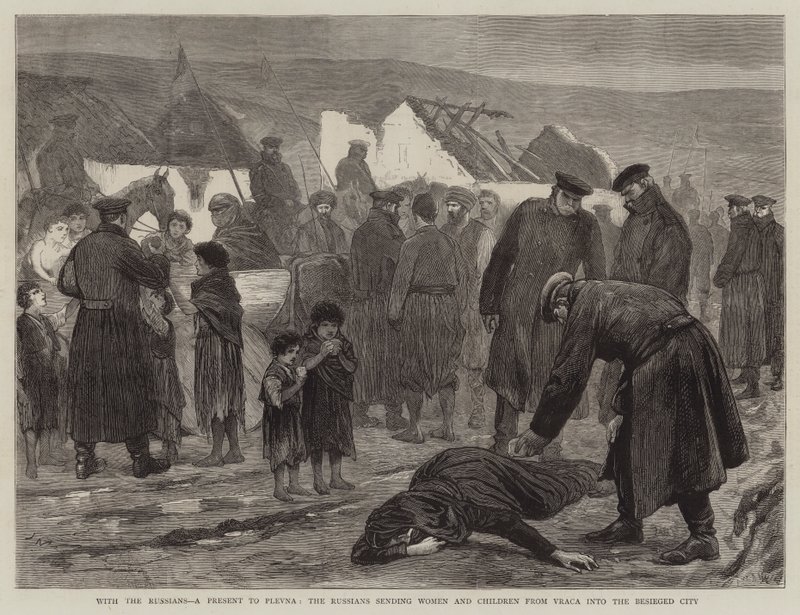 Avec les Russes, un présent pour Plevna, les Russes envoyant des femmes et des enfants de Vraca dans la ville assiégée - Joseph Nash