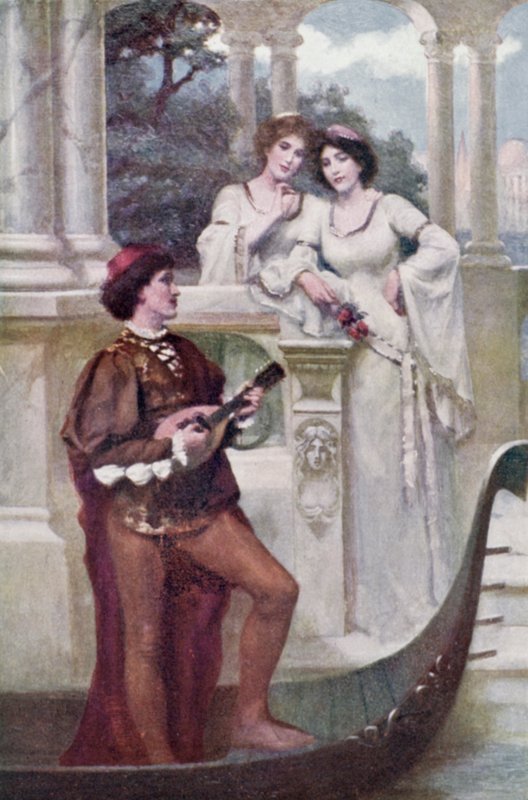 Jeune homme jouant de la musique à deux demoiselles (lithographie en couleur) - Joseph (after) Finnemore