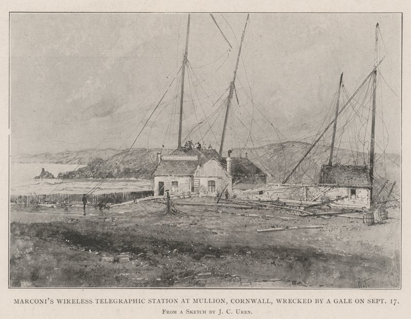 Station télégraphique sans fil de Marconi à Mullion, Cornouailles, détruite par une tempête le 17 septembre - Joseph Holland Tringham