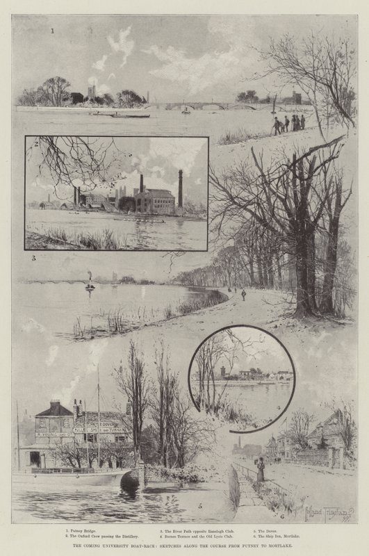 La prochaine course de bateaux universitaires, esquisses le long du parcours de Putney à Mortlake - Joseph Holland Tringham