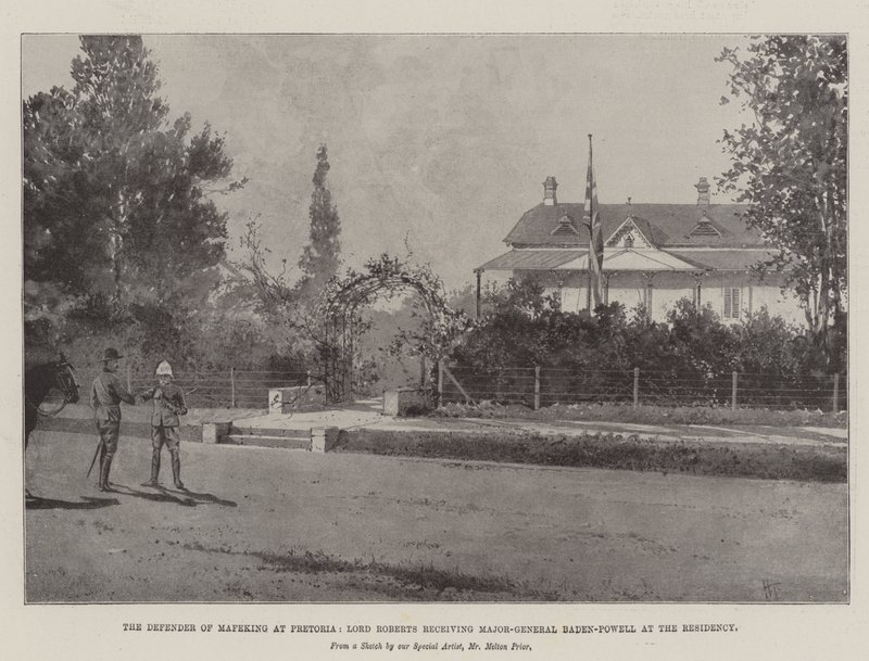 Le Défenseur de Mafeking à Pretoria, Lord Roberts recevant le Major-Général Baden-Powell à la Résidence - Joseph Holland Tringham