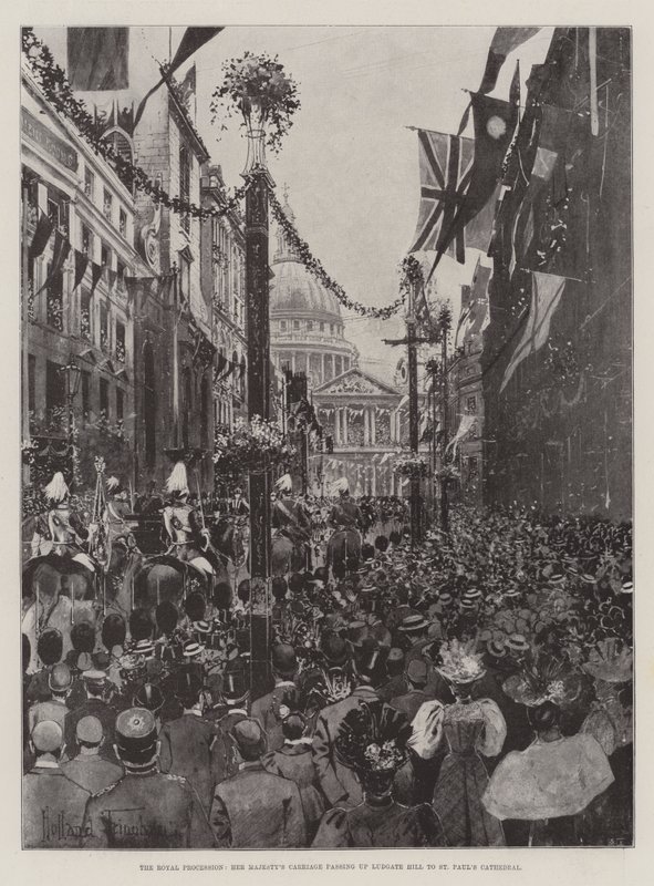 La procession royale, le carrosse de Sa Majesté passant par Ludgate Hill jusqu