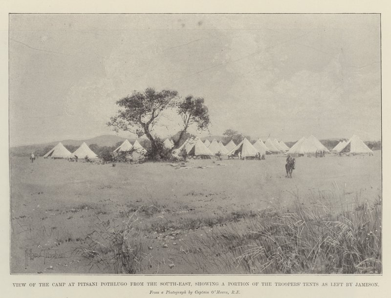 Vue du camp à Pitsani Pothlugo depuis le sud-est, montrant une partie des tentes des cavaliers laissées par Jameson - Joseph Holland Tringham