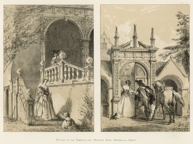 Escaliers vers la terrasse et porte postern, Bramshill, Hants - Joseph Nash