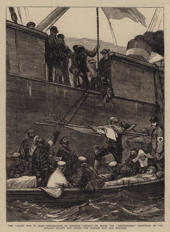 La Guerre carliste en Espagne, embarquement des carlistes handicapés à bord du Somorrostro, affrété par la Société anglaise pour aider les malades et blessés espagnols - Joseph Nash