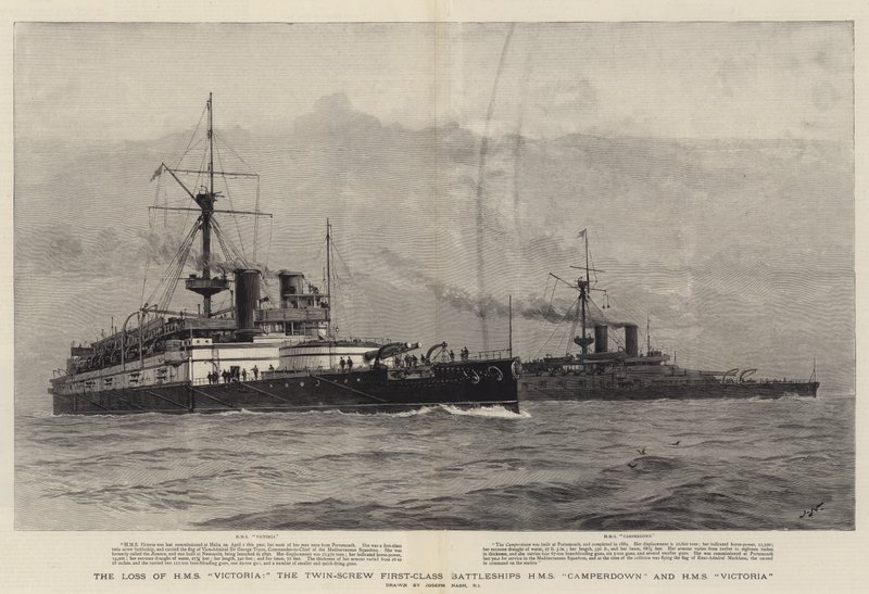 La perte du HMS Victoria, les cuirassés à double hélice de première classe HMS Camperdown et HMS Victoria - Joseph Nash