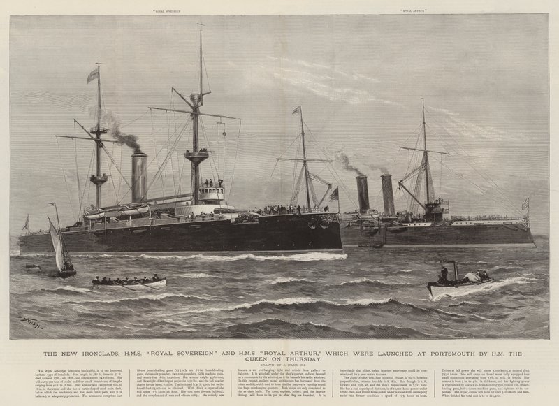 Les nouveaux cuirassés, HMS Royal Sovereign et HMS Royal Arthur lancés à Portsmouth par la reine jeudi - Joseph Nash