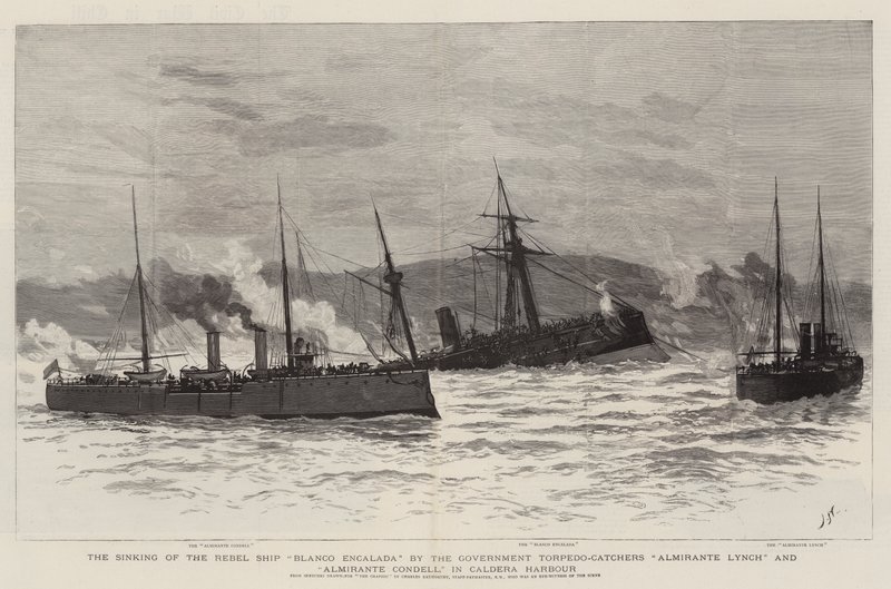 Le Naufrage du navire rebelle Blanco Encalada par les torpilleurs du gouvernement Almirante Lynch et Almirante Condell, dans le port de Caldera - Joseph Nash