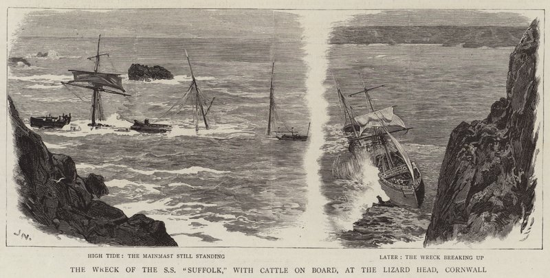 Le naufrage du SS Suffolk, avec du bétail à bord, à Lizard Head, Cornouailles - Joseph Nash