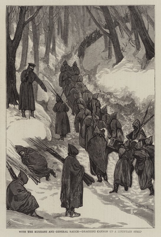 Avec les Russes et le général Rauch, traînant des canons sur une pente montagneuse - Joseph Nash